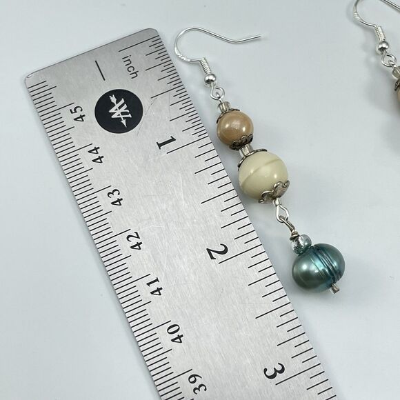Earrings Sterling Silver Plated Jasper Stone Freshwater Pearl Beaded Dangle Boho - Picture 6 of 6